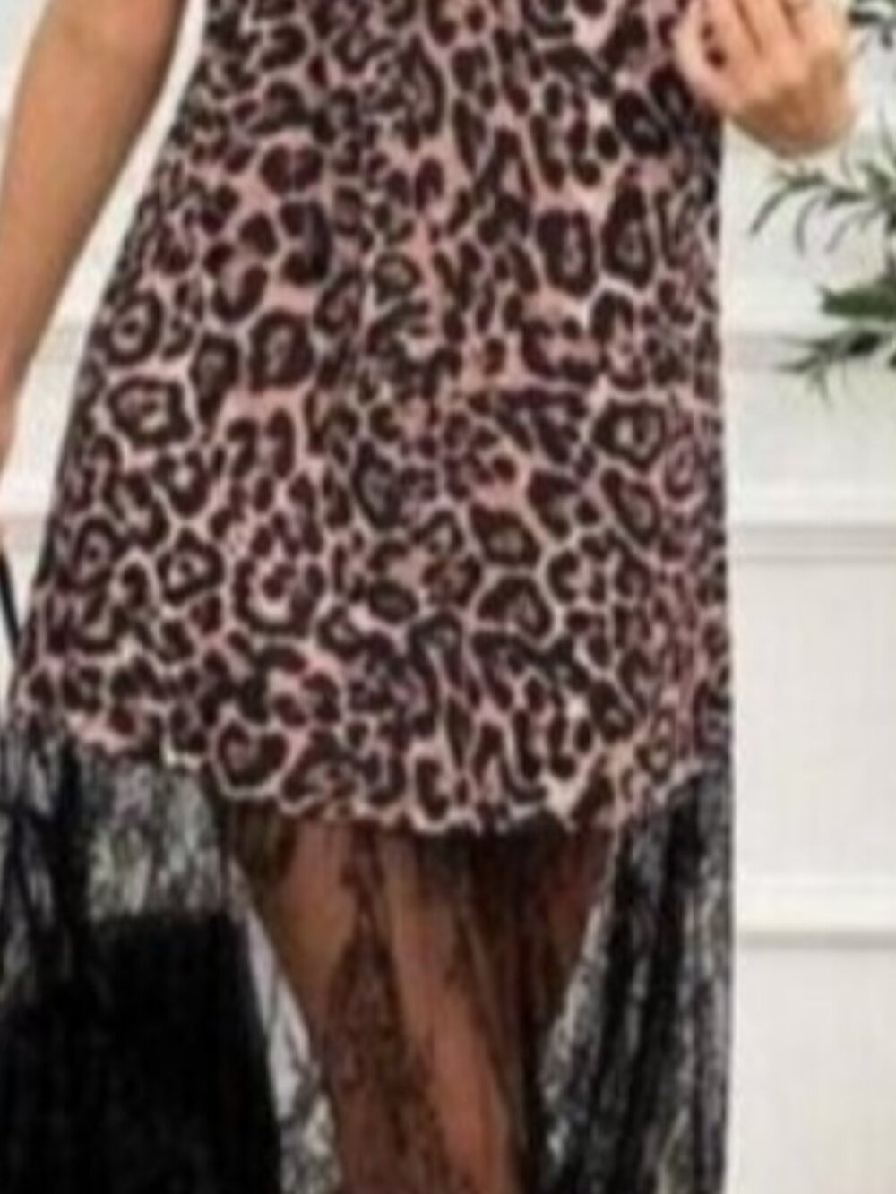 Easowa Leopard Print Lace Patchwork Sleeveless Dress,Round Neck Wide Sho